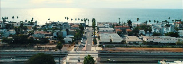 Aerial Ocean West View from Cinematic Arts and Sound Studios. Oceanside Blvd facing west viewing train crossing and great blue sea. City of Oceanside's center of the new arts media district. Inside the heart of Oceanside, California's brand new Media Arts District.