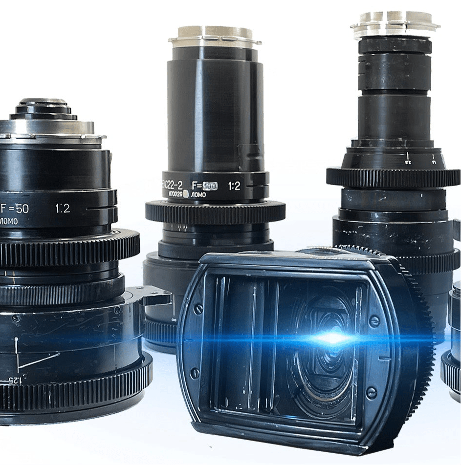 LOMO ROUND FRONT ANAMORPHIC 2x w/ SQUARE-FRONT 35,50,75,100. (150,300 AVAIL) Original 70's Optics, ARRI PL, CInema Primes.
