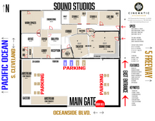 Load image into Gallery viewer, Cinematic studio&#39;s map and facilities. Parking and Space Illustration.  Inside the heart of Oceanside, California&#39;s brand new Media Arts District.